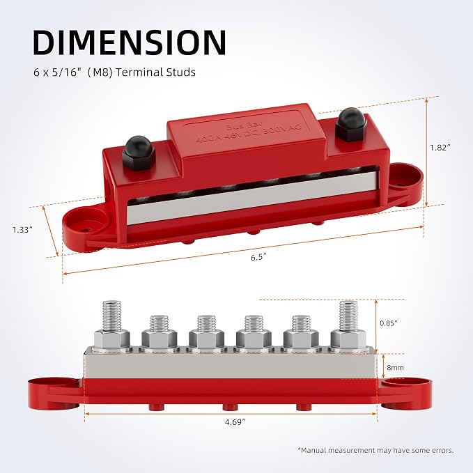 RVBOATPAT 400A Bus Bar 12V Power Distribution Block 6 x 5/16" (M8) Terminal Studs 12 Volt Marine Bus Bar Positive & Negative for Boat Automotive Solar System