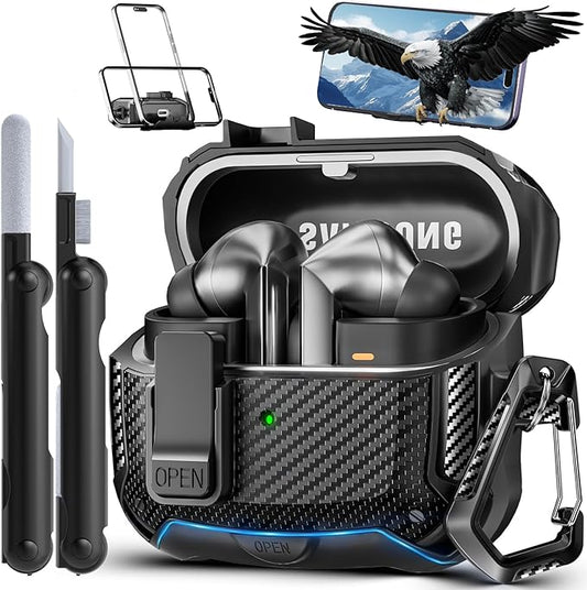 with Phone Stand for Samsung Galaxy Buds3 FE (2025) / Buds3 Pro (2024) / Buds 3 Case (2024),with Secure Lock Clip & Cleaning kit Full Body Shockproof Carbon Fiber Protection Design