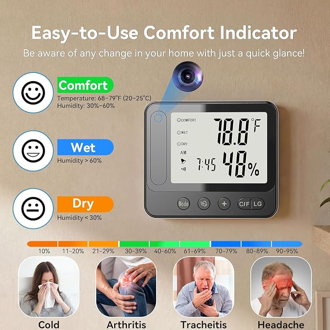 Ultra 4K HD Security Hidden Camera – Wireless Smart Indoor Hygrometer Thermometer with App Remote Control, Motion Detection, Night Vision, Temperature & Humidity Alert and Alarm Clock, Support 2.4G&5G