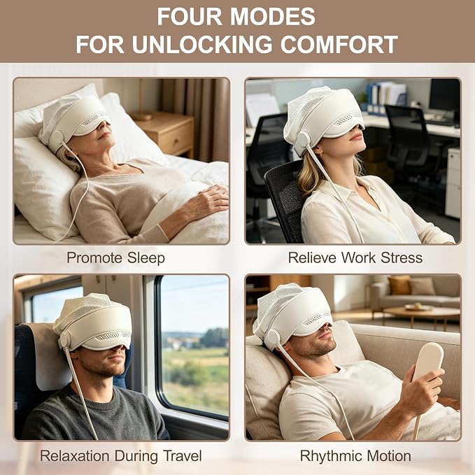 Electric Head Massager for Headaches，Electric Rechargeable Head and Eye Massage Tool with 3 Heat Levels，6-Zone Kneading Temple Massager, Migraine Relief Massager for Forehead，4 Massage Modes (White)