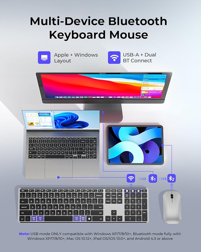 seenda Wireless Bluetooth Keyboard and Mouse Combo, SKM64-3 Rechargeable Slim Quiet Keyboard Mouse, 3 Multi-Device Connection, Compatible for Windows 11/10 PC Laptop Mac MacBook iPad, Black Silver