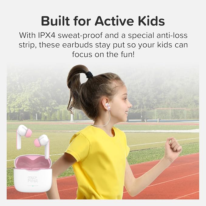 myFirst CareBuds Kids Wireless Earbuds, 85dB Volume Limiting Earbuds for Kids Ages 3-12, Bluetooth 5.3 Safe Hearing Protection, 36H Playtime, Small Ear Fit, IPX4 Waterproof, Easy Pairing