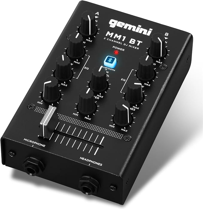 Gemini Portable Bluetooth DJ Mixer – 2-Channel Mini Audio Mixer with Wireless Input, RCA, Mic & Headphone Jacks, EQ & Crossfader – Compact DJ Mixer Board for Beginners & Mobile DJs (MM1BT)