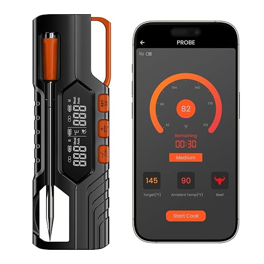 Smart Bluetooth Wireless Meat Thermometer, Instant Read Digital, Waterproof, 500ft Range, Dual Sensor Accuracy for BBQ, Grilling, Oven, Smoker, Ideal for Meat, Kitchen and Outdoor Cooking