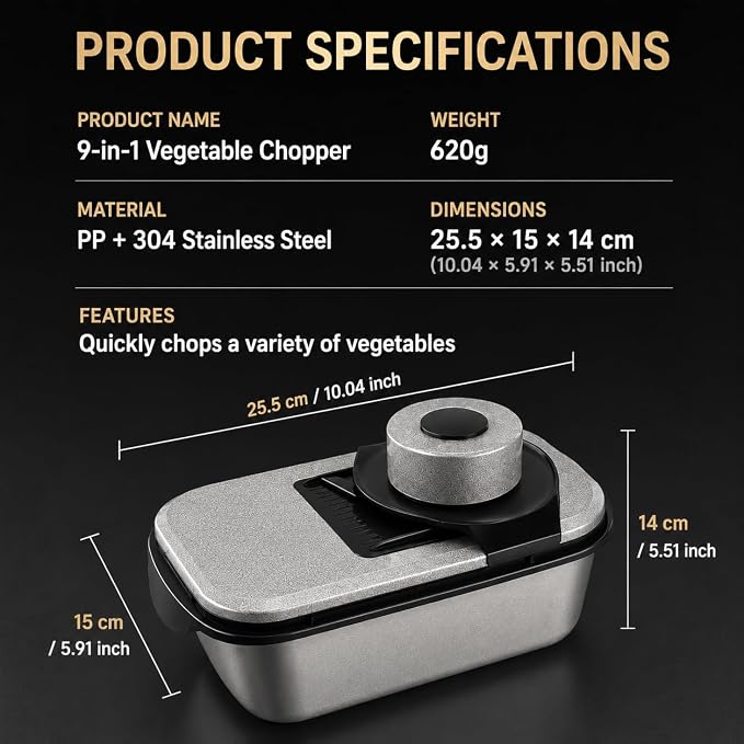 Vegetable Chopper, Stainless Steel Food Dicer Cutter and Mandoline Slicer with Drain Holes and Storage Container, Dishwasher Safe Food Chopper for Onion, Potato, Cucumber, Carrot and More