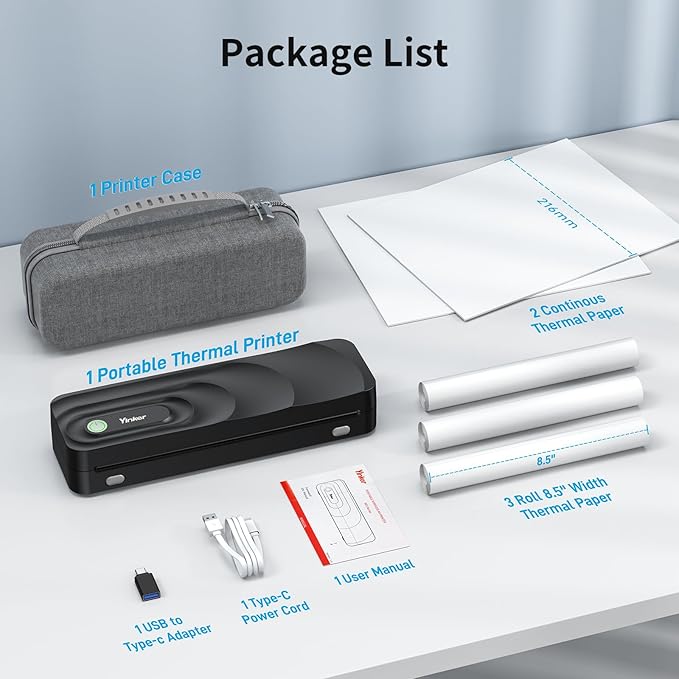 Portable A4 Thermal Printer | 3 Rolls Thermal Paper & 2 Folding Papers Included | Inkless Bluetooth Printer w/Carry Case, Supports 8.5"x11" US Letter, Cellphone APP Compatible for Travel