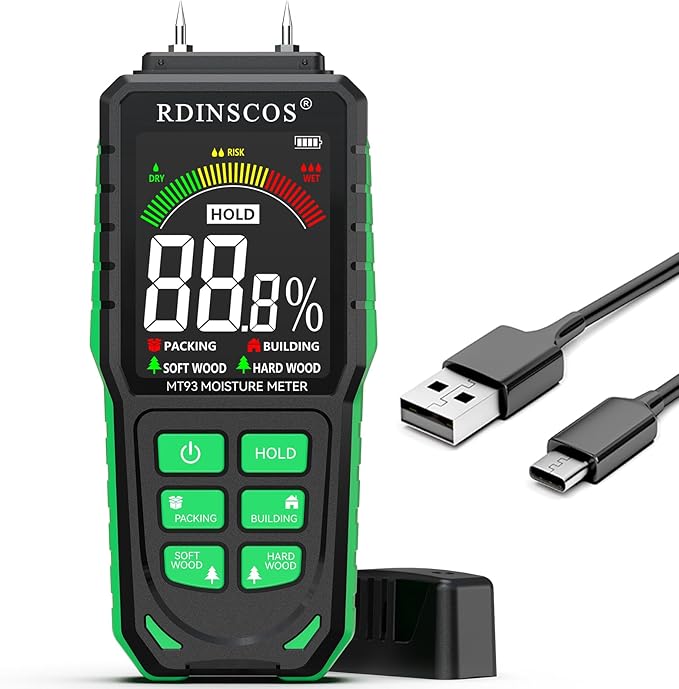 Rechargeable Moisture Meter for Wood, Drywall & Flooring | Pin-Type Moisture Detector, Replaceable Pins, Hold Function, Custom Wood Settings