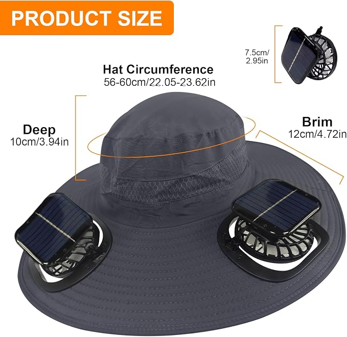 Solar Fan Hat Wide Brim Sun Hat with 2 Solar Fan, Solar Powered & USB Charging Hat Fishing Hat with Fan for Men