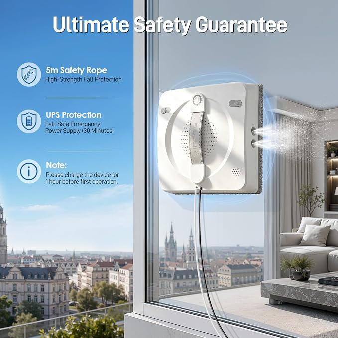 Window Cleaning Robot, 5000Pa Sauction with 4 Water Spray, 10-Stage Protection System, Intelligent Path Planning, 3 Cleaning Modes, Edge Detection for High Glass, Tiles, Mirror