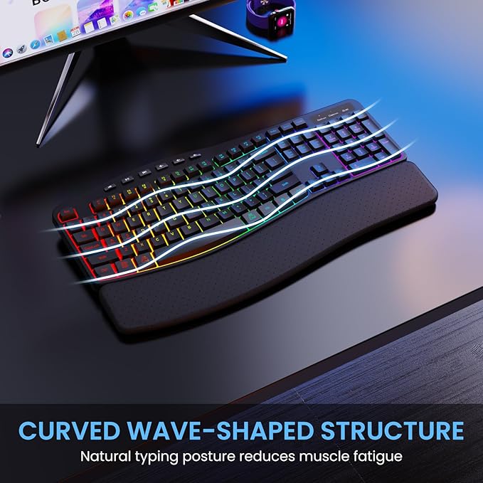 COLIKES Ergonomic Wireless Keyboard and Mouse Silent, Rechargeable Wave Keyboard with 15 Lighting RGB Backlit Effects, Soft Leather Wrist Rest, 3200 DPI Mouse for PC Computer Laptop Windows Mac