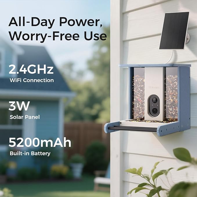 TT Nature Recycled Plastic Smart Bird Feeder with Camera, Solar Powered, AI Identifies 10,000+ Birds Species, Auto Capture 2K Videos & Instant Alerts, Ideal Gift for Family and Lover