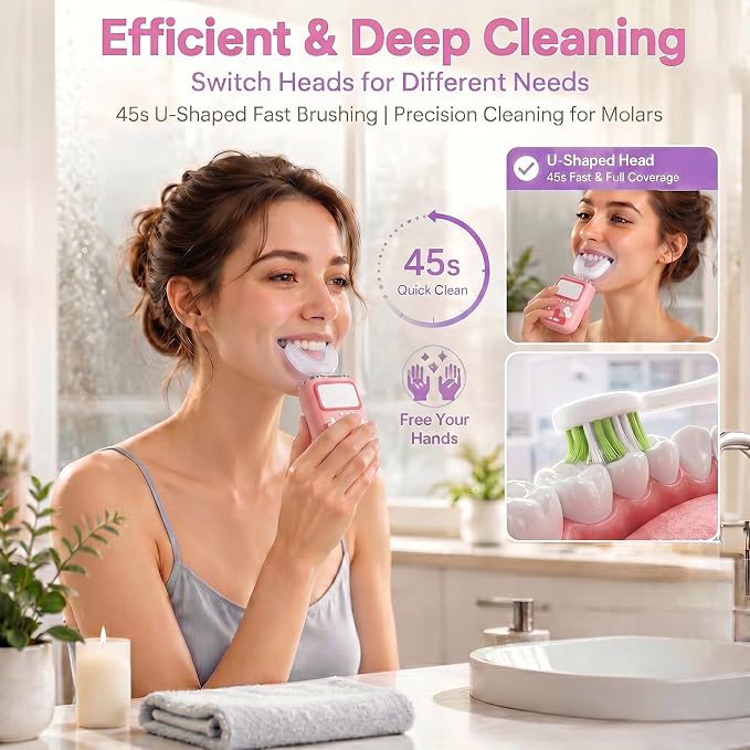 Adult Ultrasonic Electric Toothbrush, 360° Oral Cleaning for Stain & Whitening, IPX7 Waterproof Rechargeable, U-Shape Brush Head×3 + Straight Handle Brush Head×2 + Storage Cup