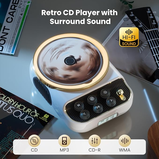 4 in 1 Retro Portable CD Players with Bluetooth Speakers, FM Radio, Night Light, LCD Display, 4000 mAh Battery, Vintage Radio Built in Dual Speakers Supports USB/AUX/Type-C for Home (White)