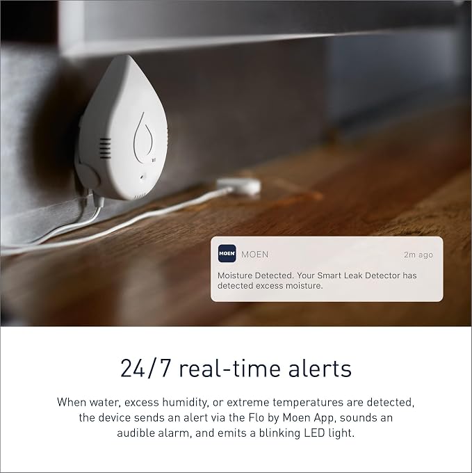 Moen Flo Smart Water Leak Detector, White, 4-Pack 920-005 + 2-Pack 6-Foot Leak Sensing Cable