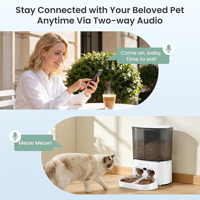 Automatic Cat Feeder 5G/2.4GHz Dual-Band WiFi Built-in HD Camera & Night Vision Two-Way Audio Calling APP Remote Control | Up to 10 Timed Feedings Per Day 8L Capacity Washable Parts (White)