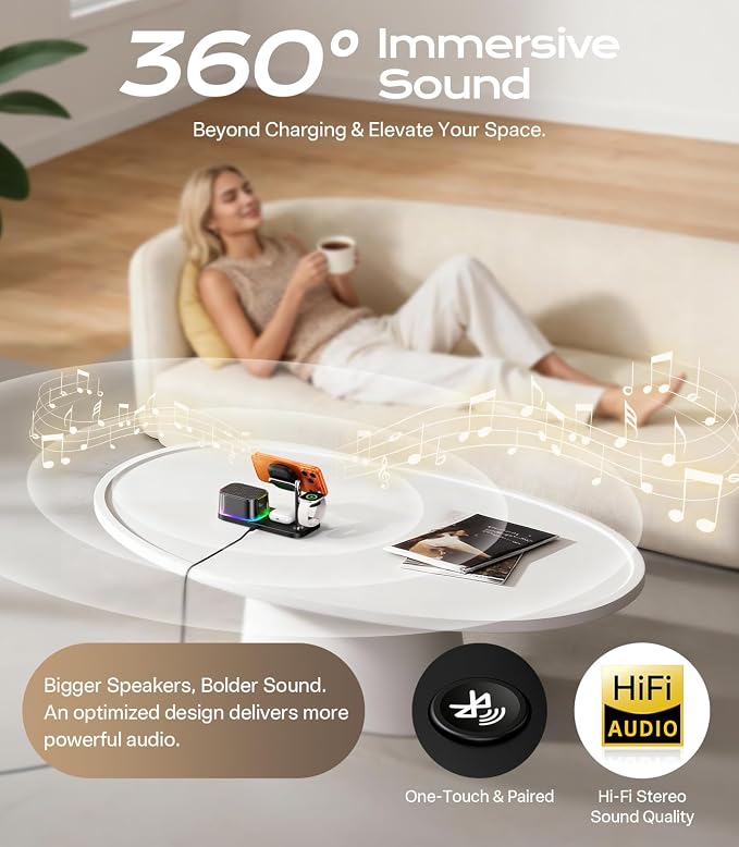Meifigno 45W 5 in 1 Charging Station with Bluetooth Speaker and Alarm Clock & Night Light, Qi2.2 25W Fast Wireless Charger for MagSafe Charger for iPhone 17/16, Charger Stand for Apple Watch & AirPods