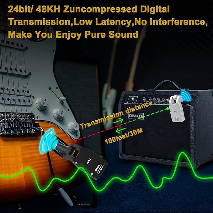 Upgrade 2.4GHZ Wireless Guitar System Built-in Rechargeable Lithium Battery Wireless Guitar Transmitter Receiver for Electric Guitar Bass