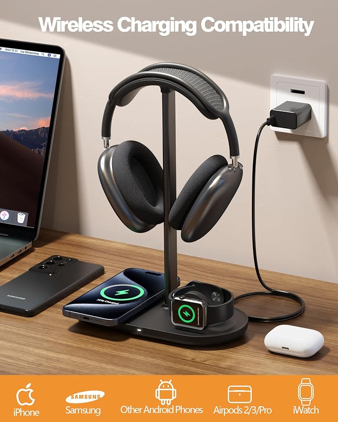 HiWe Headphone Stand, 2-in-1 Wireless Charger for iPhone/Apple Watch, Aluminum Alloy Rod, Minimalist Desk Organizer, Black