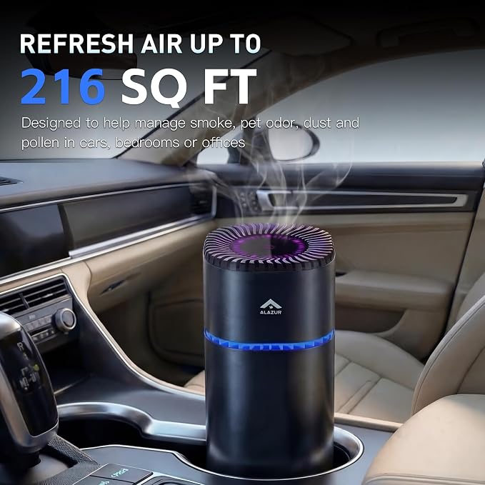Car Air Purifiers, Portable Air Purifier for Car with 216 Sq Ft Coverage, Rechargeable Filterless Ion Air Cleaner for Vehicle, RV and Travel, Silent Operation, Helps Reduce Smoke and Pet Odor