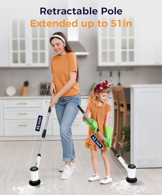 Electric Spin Scrubber, Cordless Cleaning Brush with 6 Replaceable Heads, Adjustable Long Handle, IPX7 Waterproof Lightweight Power Scrubber for Bathroom Tile Grout Tub Shower, White-le1