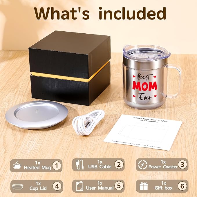 Birthday Gifts for Mom, 12oz Funny Heated Coffee Mug for Mom with BEST MOM EVER, Electric Coffee Cup with Warmer Set, Ideal Valentines Mothers Day Gifts from Husband Daughter Son(Silver MOM-12oz)