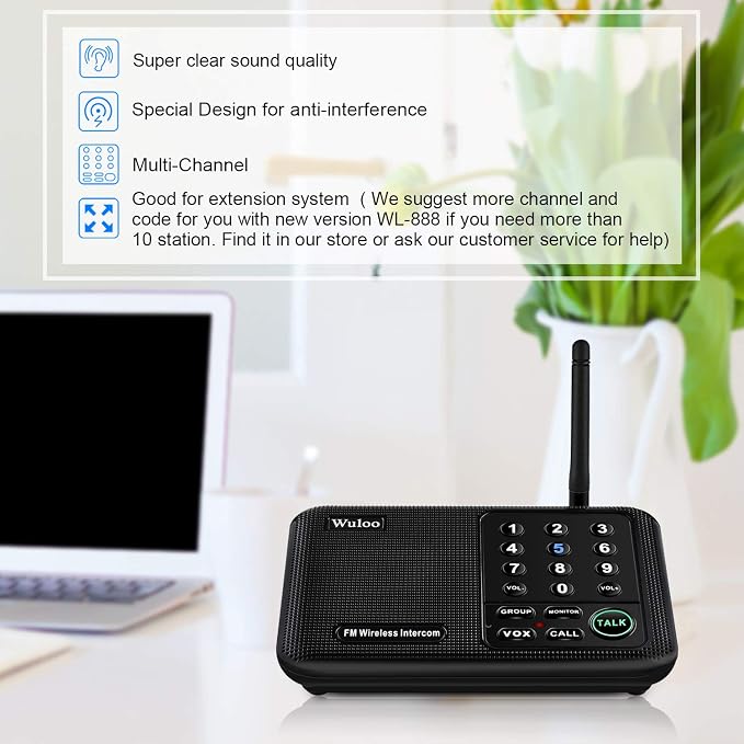 Wuloo Wireless Intercom System for Home 1 Mile Range 10 Channel 3 Code, Intercoms Wireless for Home House Business Office, Home Communication System, Room to Room Intercom WL666(2 Units Set Black)