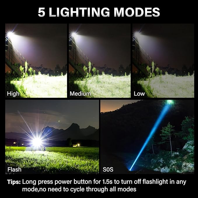 AKNEAR Rechargeable LED Flashlight High Lumens, Super Bright Flashlights with Zoomable & USB C Rechargeable & 5 Light Mode & IPX7 Waterproof, Powerful Flash Light for Home, Hiking, Camping