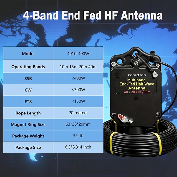 JYR4010-400W End Fed Half Wave Antenna for Ham Radio 400W Shortwave Radio Antenna 4 Band 10m 15m 20m 40m Long Wire Antenna 1:64 Balun No Tuning Great for POTA/SOTA