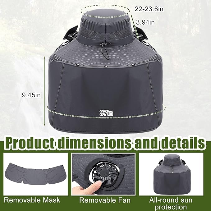 3 Pcs Solar Fan Hat with Arm Sleeves Neck Gaiter Wide Brim Sun Hat Solar Powered USB Charging for Men Women