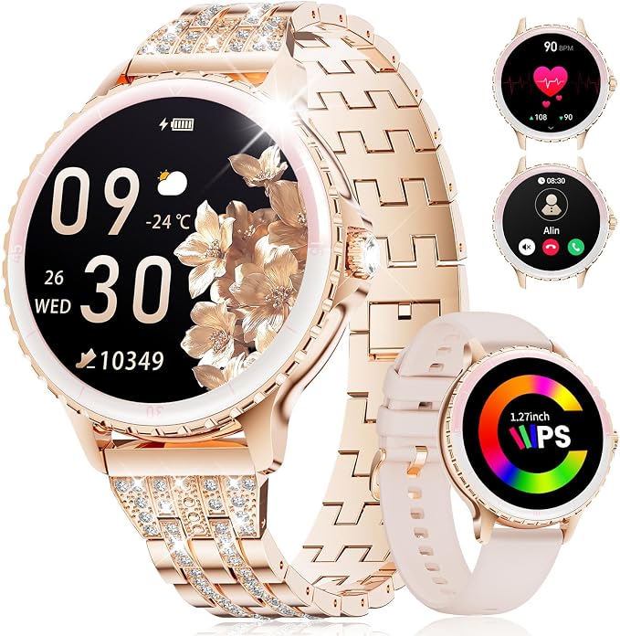 SUNKTA Smart Watch for Women (Answer/Make Call),1.27" Curved Display Smartwatch with Female Cycle/Sleep Monitor,5ATM Waterproof Fitness Tracker 100 Sport Modes Pedometer for Android/iOS,Gold Diamond