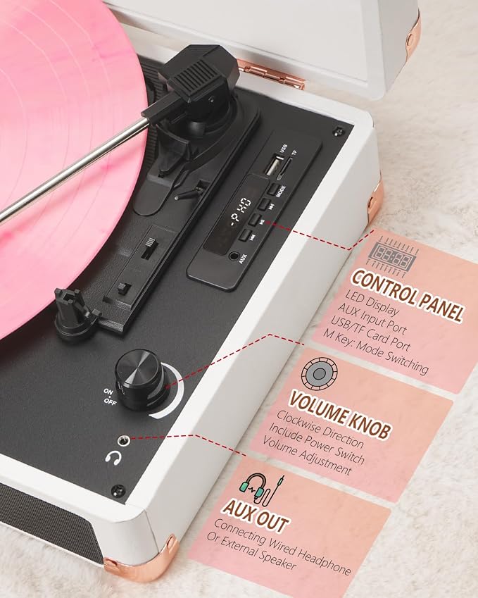 Vinyl Record Player with Built-in Speakers Vintage 3-Speed Portable Suitcase Bluetooth Turntables with USB Recording Belt-Driven LP Player Support AUX/RCA/Headphone Jack, Purple Leather