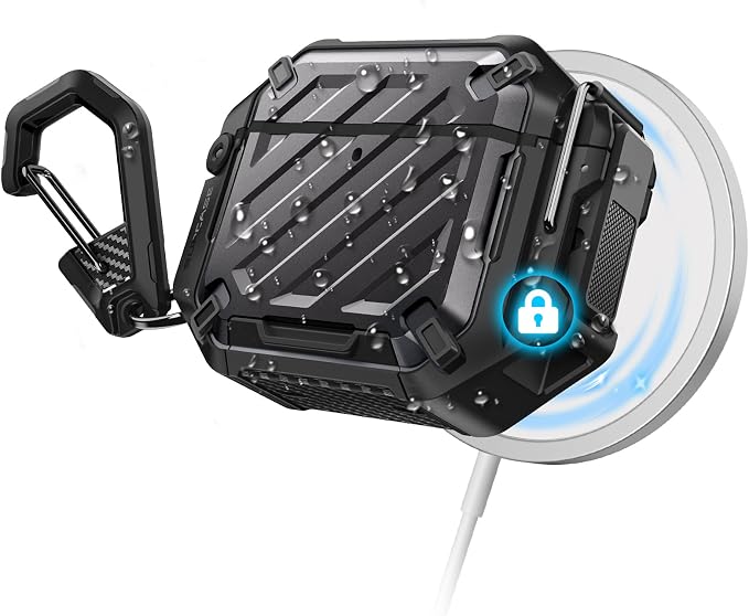 SUPCASE for AirPods 4 Case with Lock & Carabiner, IP68 Waterproof, Compatible with MagSafe, Military-Grade Protection Anti-Scratch Hard Shell Cover for AirPods 4th Generation 2024, Black