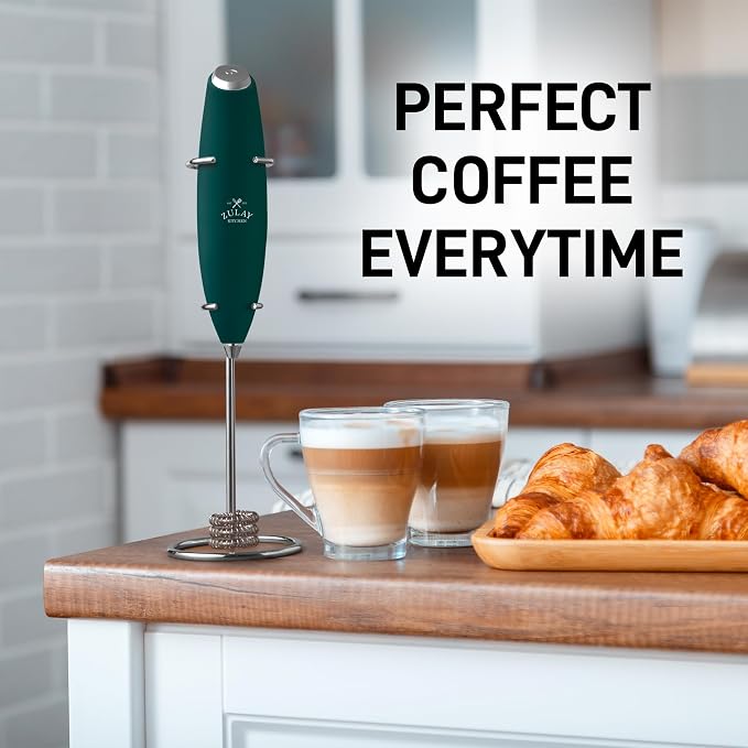 Zulay Kitchen Powerful Milk Frother Wand With Duracell Batteries - Ultra Fast Handheld Drink Mixer - Electric Whisk Foam Maker for Coffee, Lattes, Cappuccino & Matcha - Triple Whisk - Moss Green