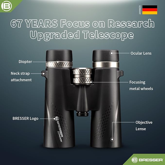 BRESSER 8x42 Binoculars for Adults High Powered with HD Optical System, FMC Green Film BAK4 Prism, Non-Slip Grip, Waterproof, Fogproof, Shockproof for for Hunting Bird Watching Travel Football Games