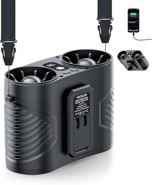 Dual Motor Wearable Waist Fan, 34000RPM Super Strong Airflow, Multifunctional Clip On Fan for Belt/Body/Shirt/Undershirt/Hip, Hands-Free Personal Cooling Fan for Outdoor Stadium/Work/Camping/Gardening