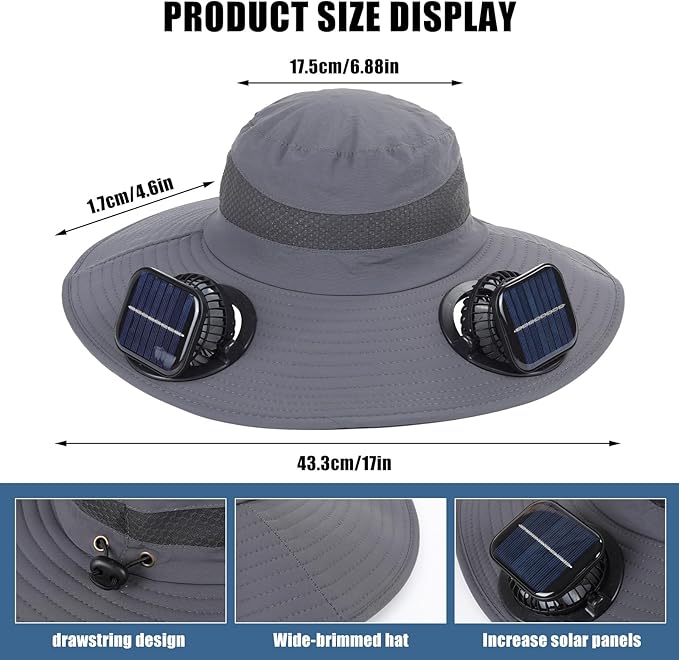 Solar Powered Fan Sun Hat for Men, UPF 50+ Wide Brim Cooling Bucket Hat, Sombrero para El Sol Hombre for Fishing Hiking Beach