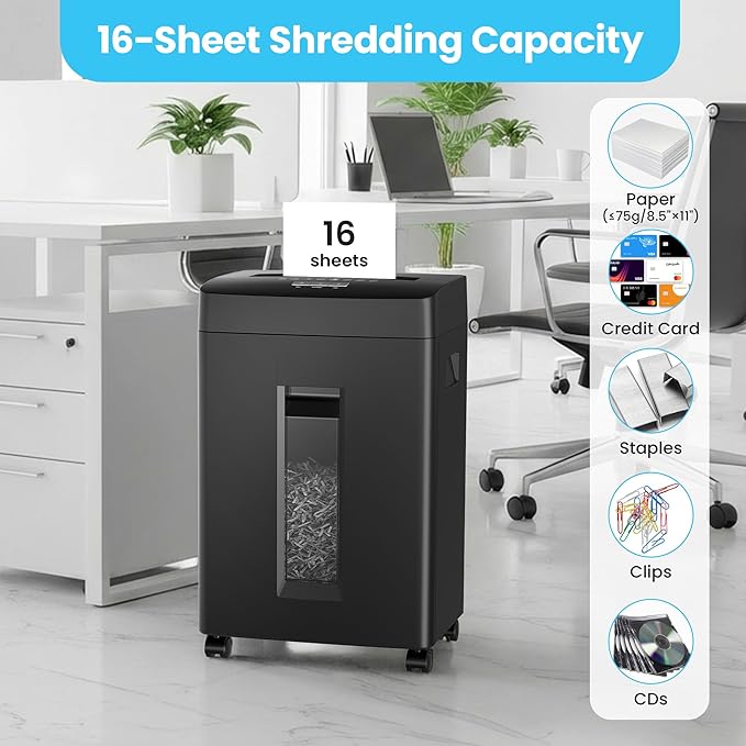 Locksworth 16-Sheet Cross Cut Paper Shredder, 6 Gallon Heavy Duty Commercial Shredder for Home Office, P-4 High Security Shredders for Paper/CD/Credit Card/Staple/Clip, 60 Mins Continuous Running
