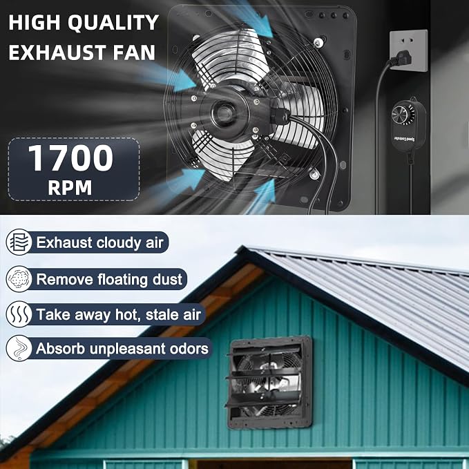 Criditpid 10 Inch Shutter Exhaust Fan with Speed Controller Switch, 820 CFM High Speed Vent Fans, 1700 RPM Wall Mounted Kitchen Exhaust Fans, Vent Fan for Attic, Gable, Shed, Garage Ventilation, Black