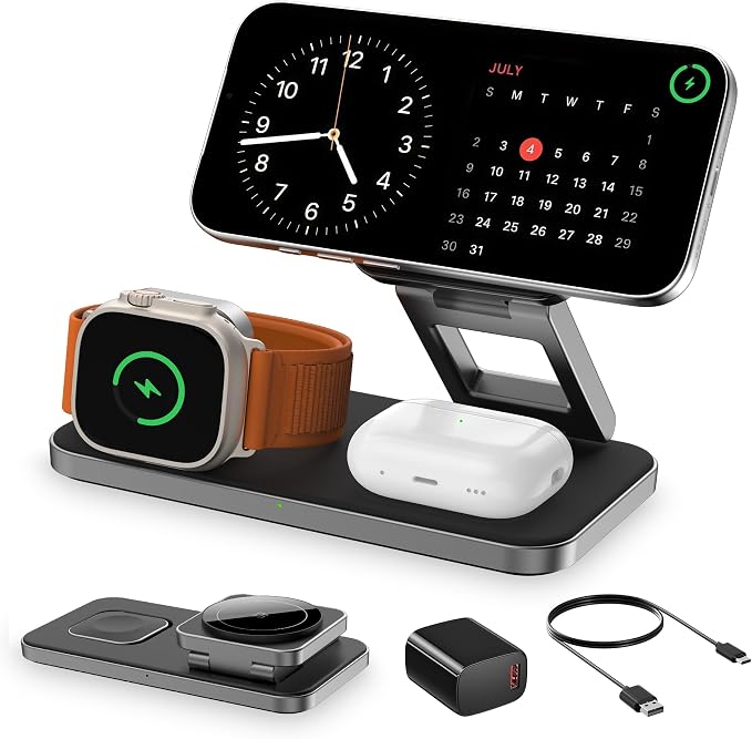 3 in 1 Magnetic Wireless Charger for Multiple Devices, Fast Foldable Travel Mag-Safe Charger Stand for iPhone 17 16 15 14 13 12, Wireless Charging Station for iWatch Series, for AirPods Black