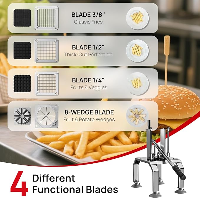 French Fry Cutter,Commercial Potato Cutter Slicer with 3/8", 1/2", 1/4", 8-Wedge Stainless Steel Blades, Commercial Vegetable Chopper for Potato,Carrot,Cucumber,Onion,Home and Restaurant Use