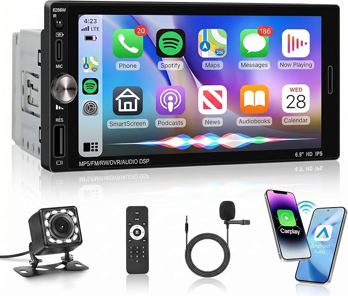 Single Din Car Stereo Wireless Carplay Android Auto, Car Stereo Receivers Bluetooth 5.2, 6.9" IPS Touchscreen Radio 1 Din, Backup Camera, Mirror Link, SWC, FM EQ USB Type-C