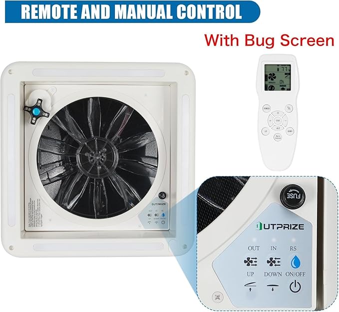 Upgraded Remote Control RV Roof Vent Fan with LED Light, 12V DC 14" Super Quiet RV Roof Fan with Rain Sensor, 10-Speed, Reversible