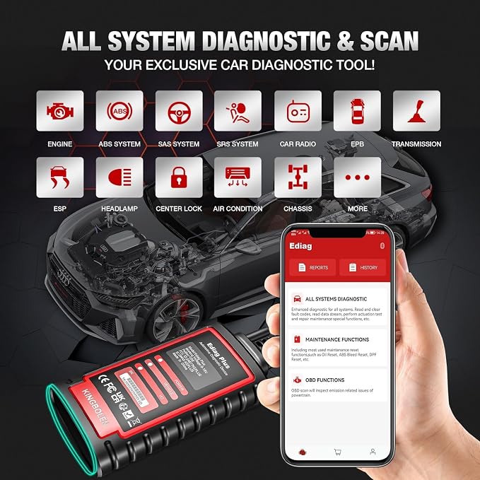 KINGBOLEN Ediag Plus Bluetooth Scanner, All System Bidirectional Test OBD2 Diagnostic Scanner for iOS & Android with CANFD Protocol, Auto VIN, 15+ Rest, 1 Year Without fee Update