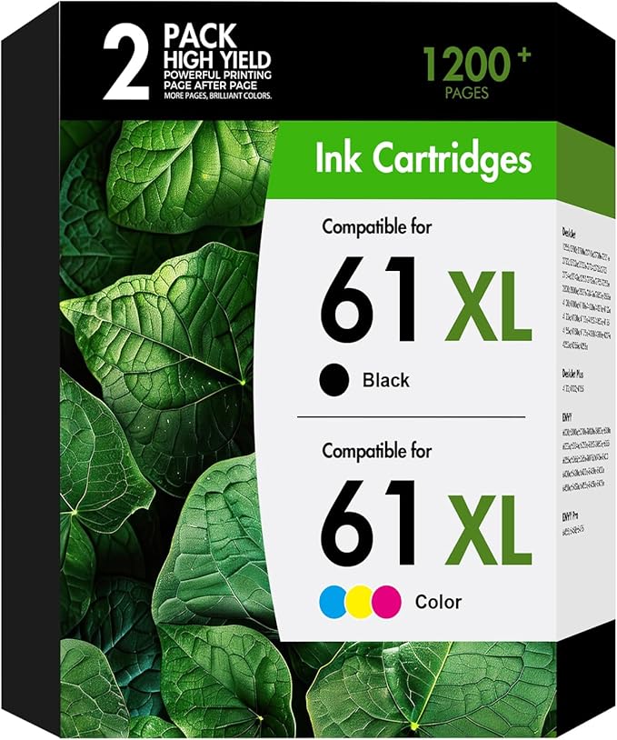 61XL 61 Ink Cartridges Combo Pack Replacement for HP Ink 61 XL HP61 HP61XL Black and Color Work for Envy 4500 5530 Officejet 4630 4635 Envy 4502 4501 Deskjet 1000 1010 Printer Black/Tricolor 2-Pack