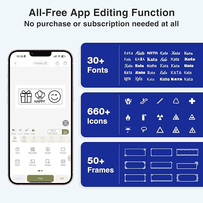 SUPVAN E11 Bluetooth Label Maker Machine with 4 Tapes, Support Keyboard & App with 30+ Fonts and 660+ Icons, Rechargeable Inkless Labeler for Home, Kitchen, Office, School, Organization, Black