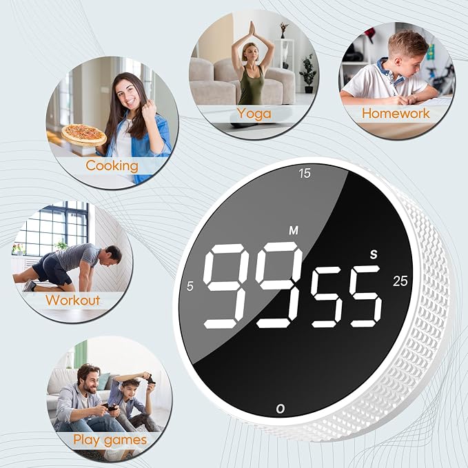 Upgrade Digital Kitchen Timer - 2 Pack Magnetic Countdown Countup Visual Pomodoro Timer with Large LED Display, 3-Preset Times, 3 Volume Levels, Ideal for Cooking, Baking and Fitness (2, White)
