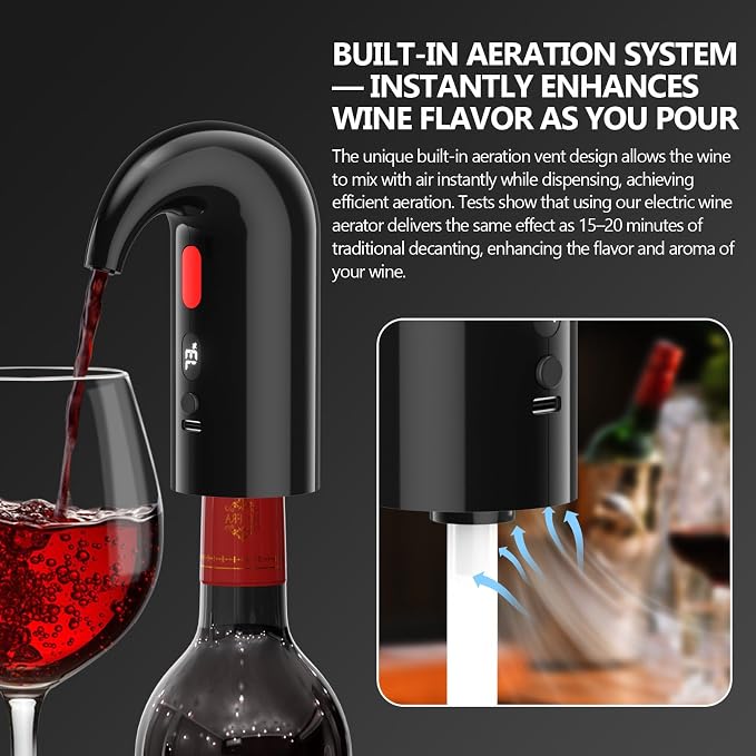 Electric Wine Aerator & Decanter Pump – Perfect Fathers Day Quiet Dual-Pump Aeration, Measured Pouring, Temp Display & USB Rechargeable System – Professional Wine Tool for Home Bars (Black)