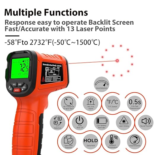 Infrared Thermometer Gun -58°F to 2732°F, 50:1 Non-Contact Laser Temperature Gun for Cooking, Pizza Oven, Reptile, Griddle, Digital Heat Gun for HVAC and Industrial Use