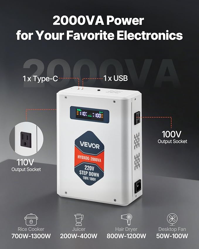 VEVOR Step Down Voltage Converter, 2000VA, Heavy Duty Voltage Power Converter, 220V to 110V Power Transformer, with 2 US Outlets, USB Output, LCD Display, Temperature Protection, for 110V Appliances