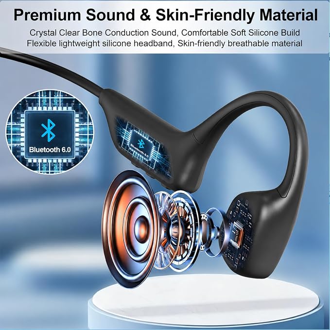 Swimming Headphones Underwater, Bone Conduction Swimming Headphones IPX8 Waterproof Open Ear Headphones with 32GB Built-in MP3, Bluetooth 6.0 Dual Mode, Dual Device Pairing, Magnetic Charging(Black